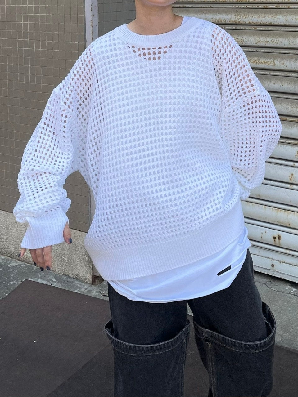 受注制【Chikashitsu +】lib mesh knit (3color) / 【チカシツプラス】リブメッシュ長袖ニット