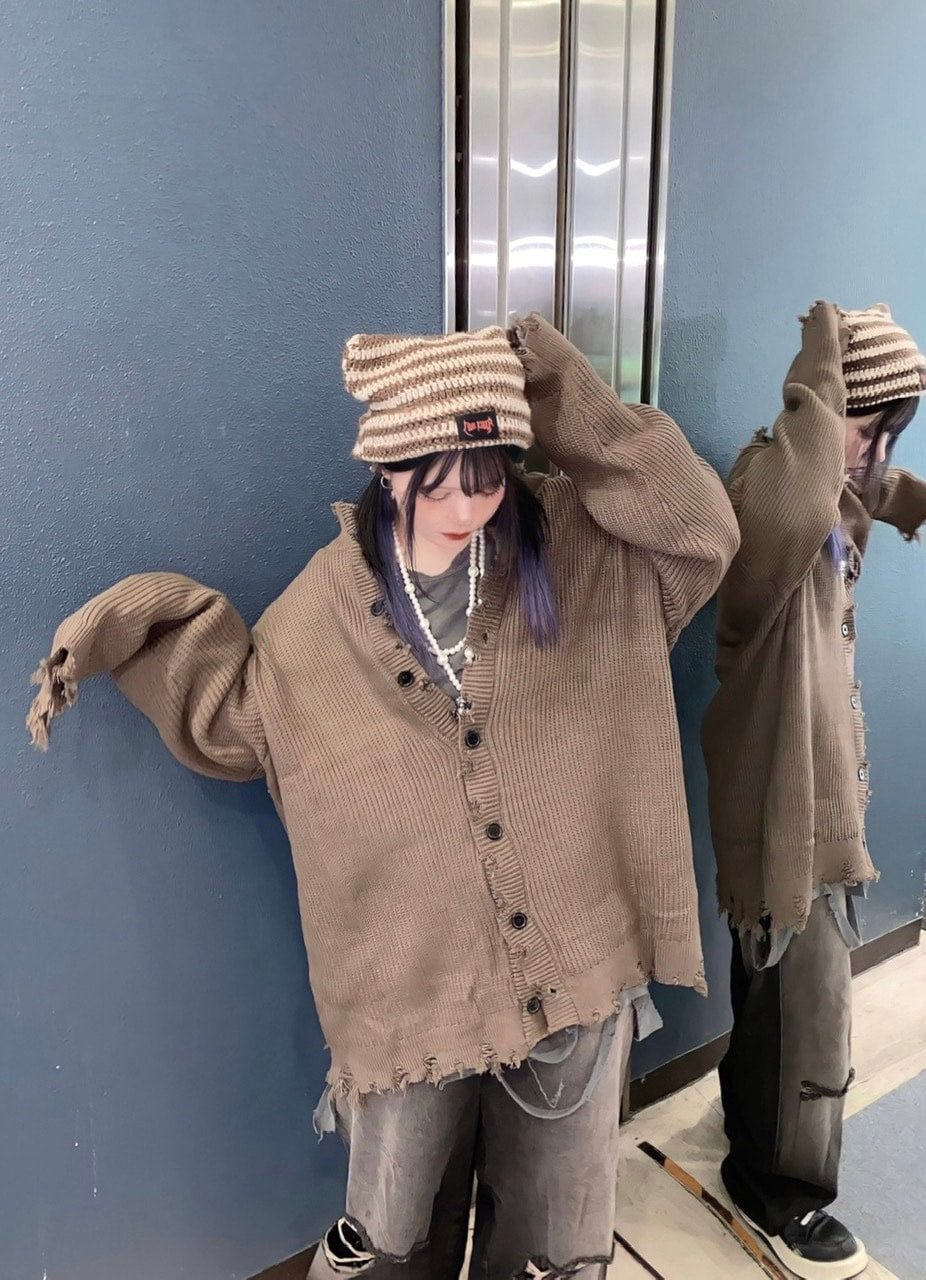 【Never mind the XU】damage knit cardigan (2color)