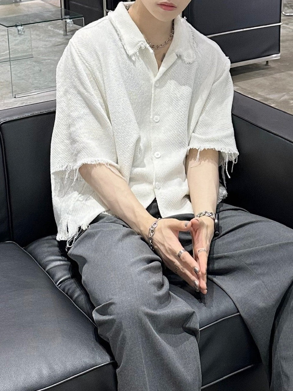 大阪店WEB限定受注制【Chikashitsu +】tweed cropped shirt (2color)