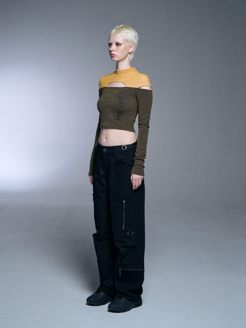 【SETUP‐EXE】TWO-TONE SLEEVE SLIT CROP TOP