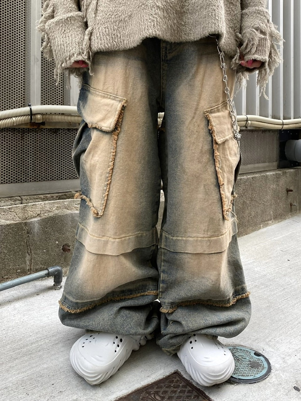 受注制【Never mind the XU】grunge denim cargo pants (2color) / 【ネバーマインドザエックスユー】グランジカーゴデニムパンツ