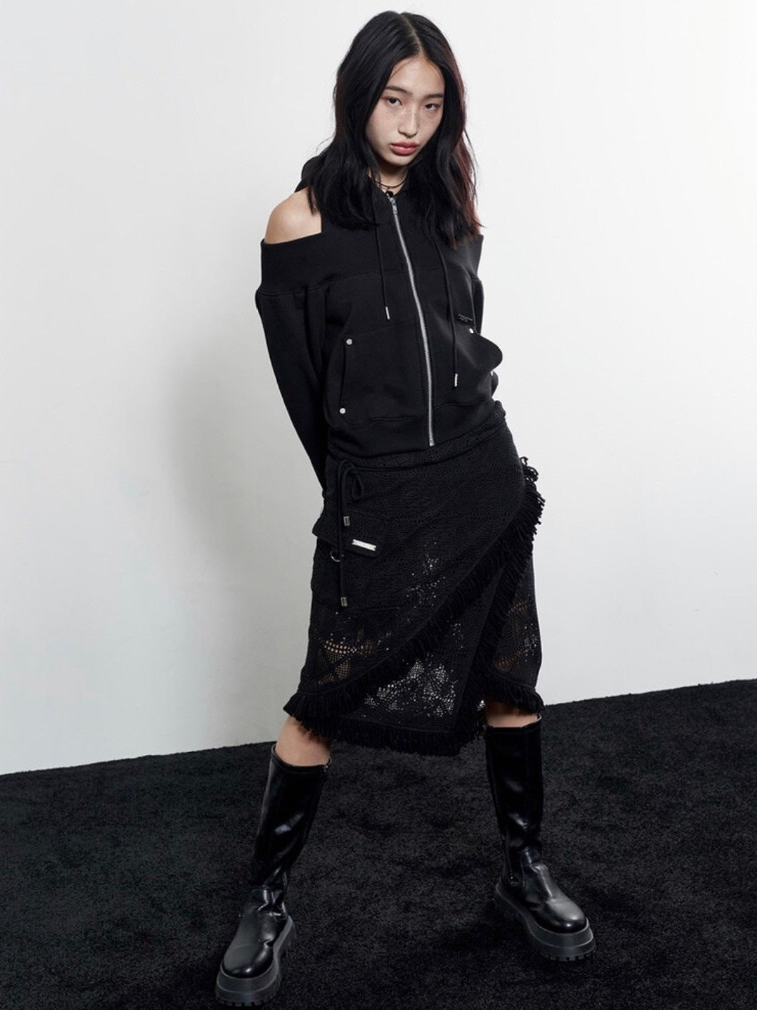 【NOT KNOWING】Open Shoulder Zip Up Hoodie / 【ノットノーイング】オープンショルダージップアップパーカー