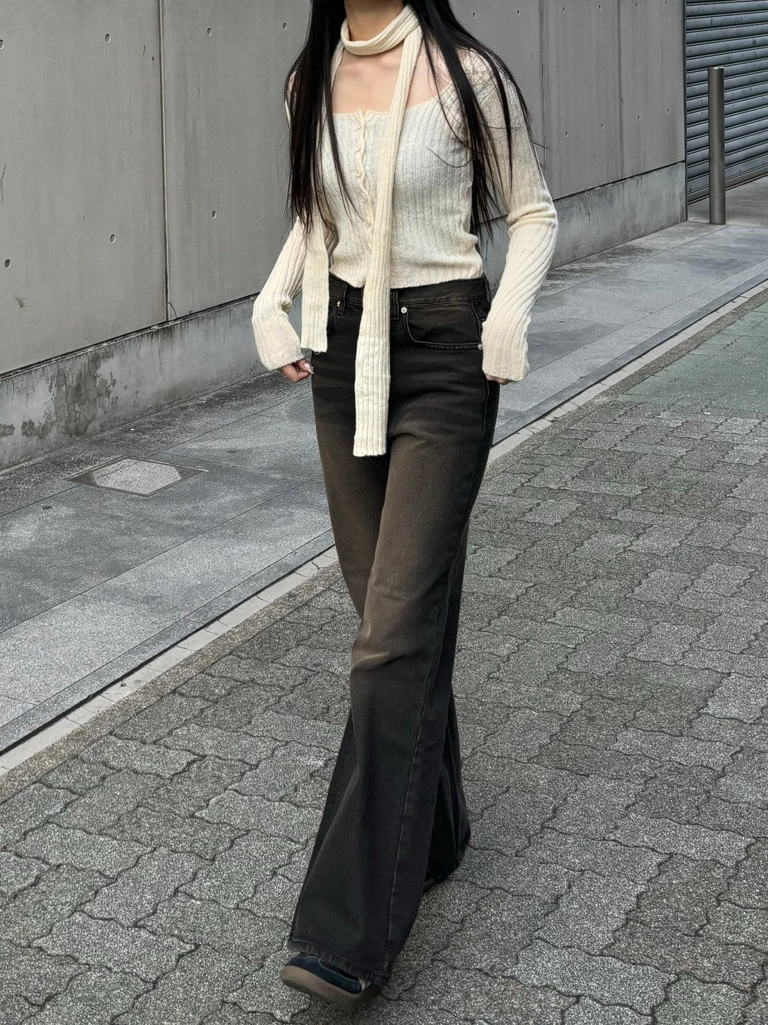 【Chikashitsu + LADIES】scarf set cropped knit tops (2color)