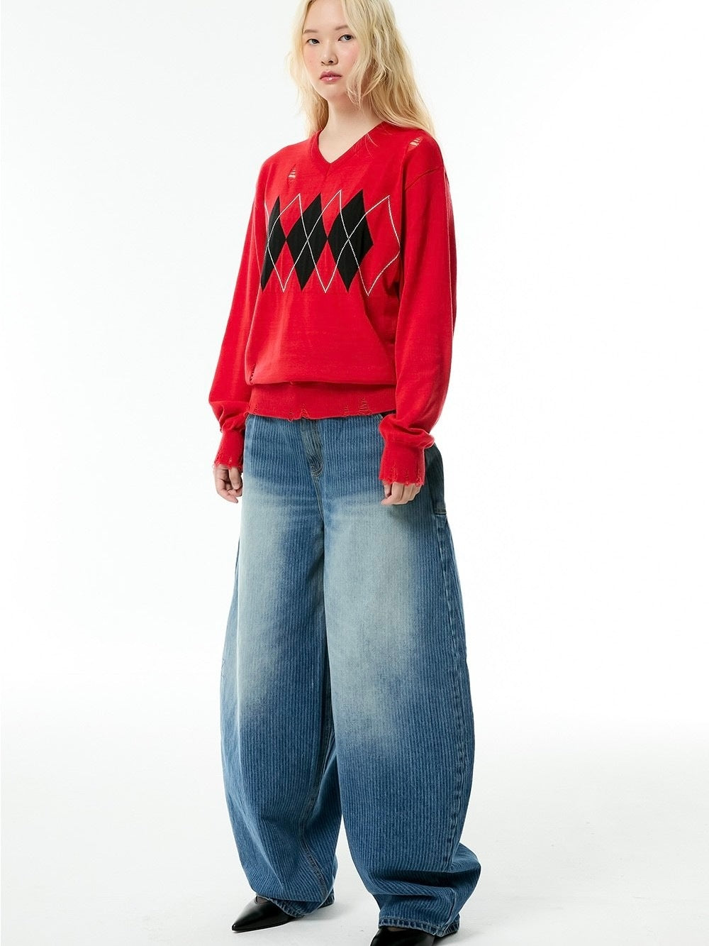 【ESC STUDIO】stripe laser washing denim baggy pants