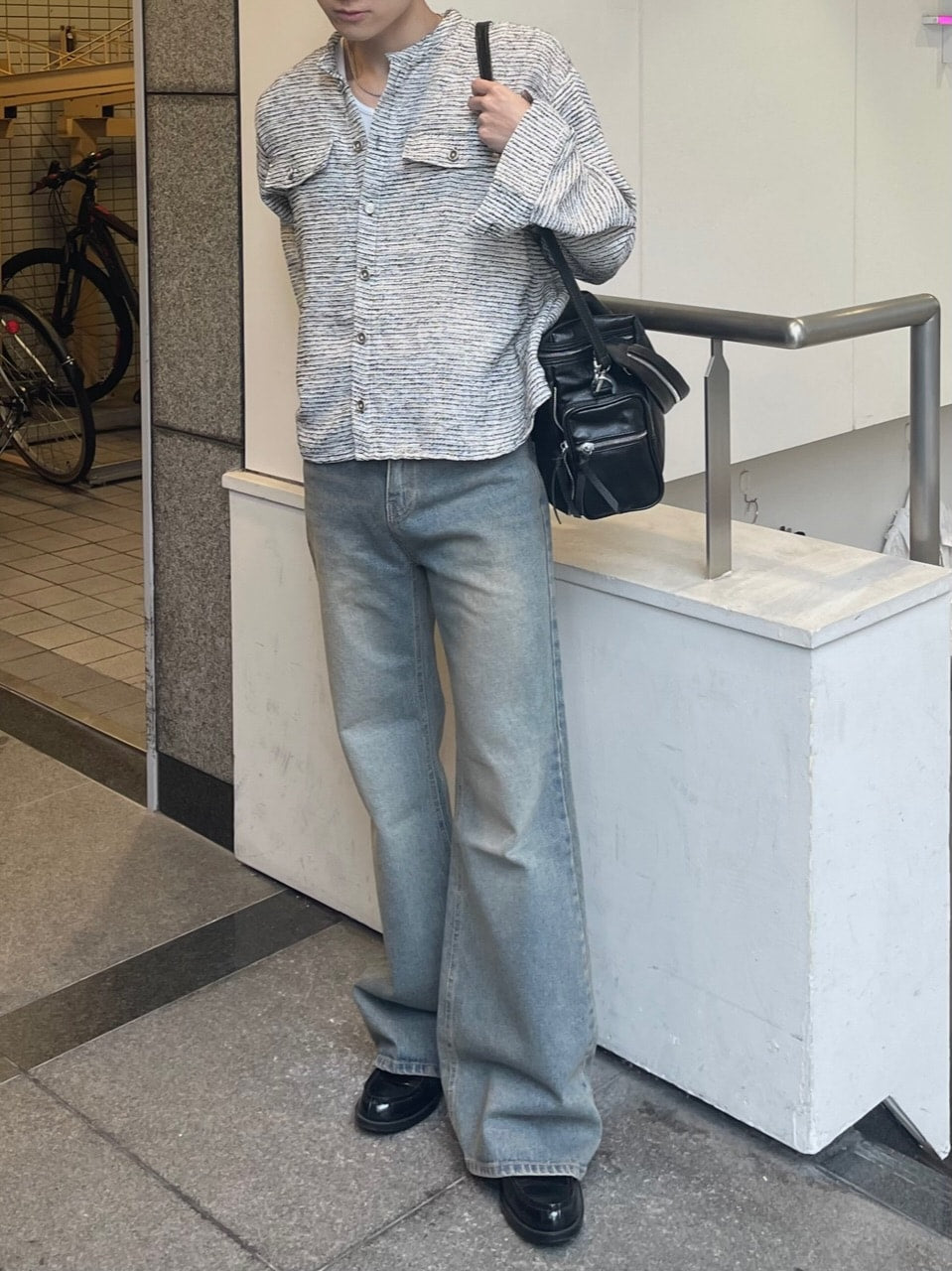 受注制【Chikashitsu +】no collar light tweed shirt (2color)