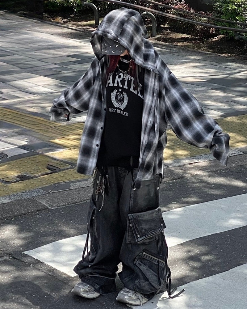 受注制【Never mind the XU】check hood shirt / 【ネバーマインドザエックスユー】チェックフード長袖シャツ