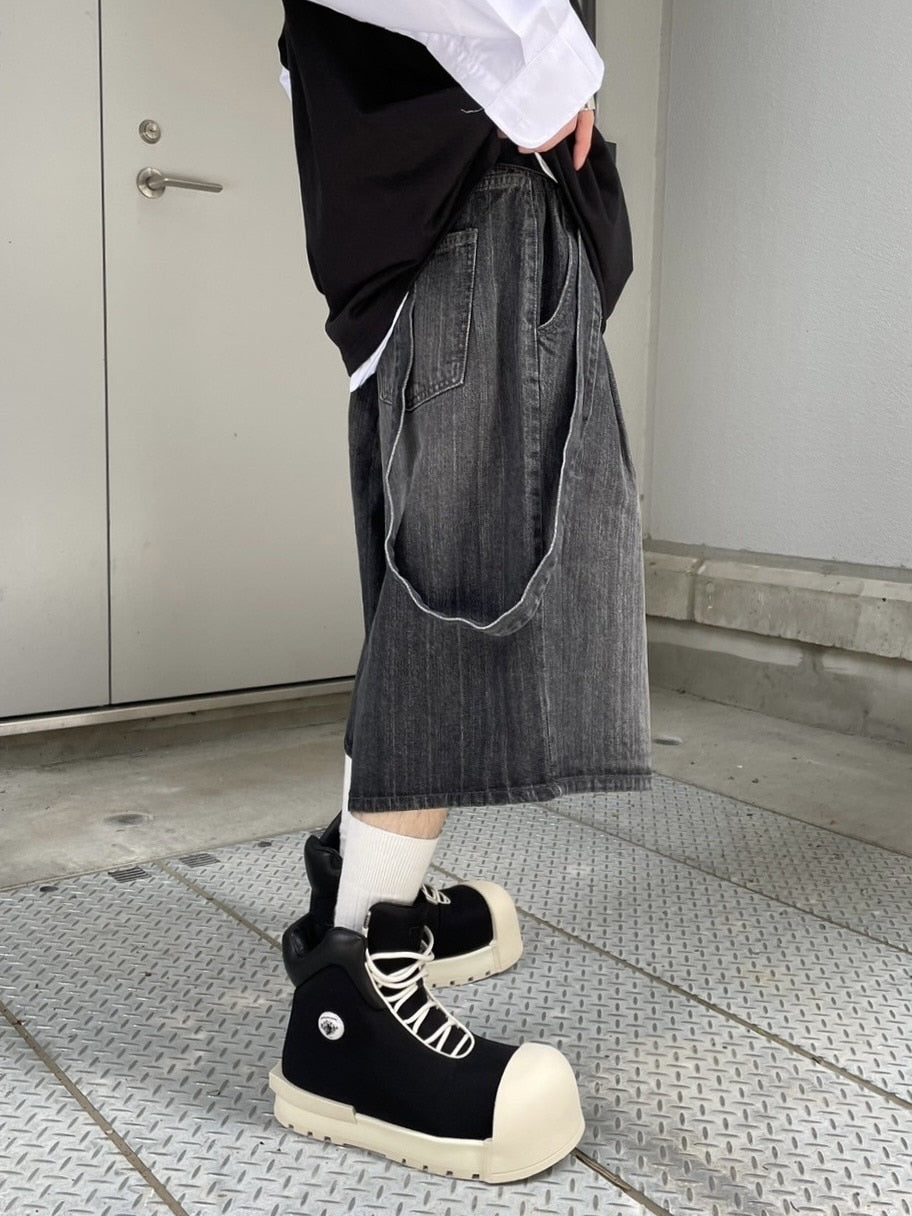 受注制【Never mind the XU】strap denim half pants (2color)
