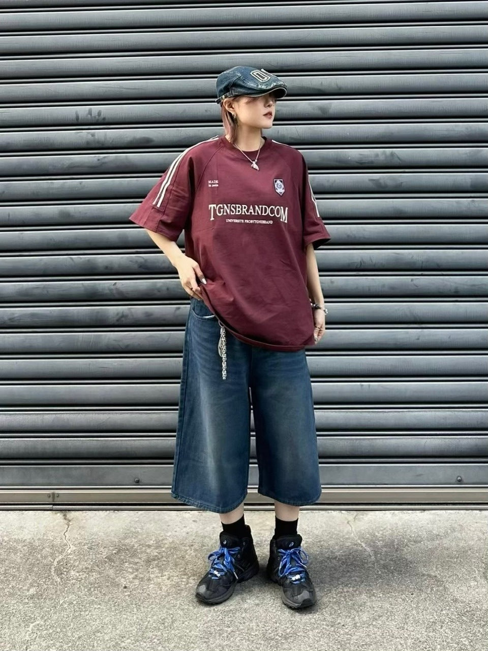 【Chikashitsu +】vintage wash wide denim half pants (2color)