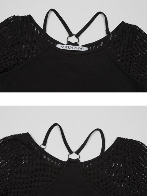 【NOT KNOWING】Net Sleeve Neck Strap O-Ring Top