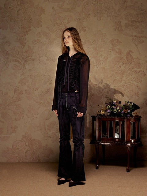 【NACHE】SHIRRING CHIFFON HOODIE ZIP-UP