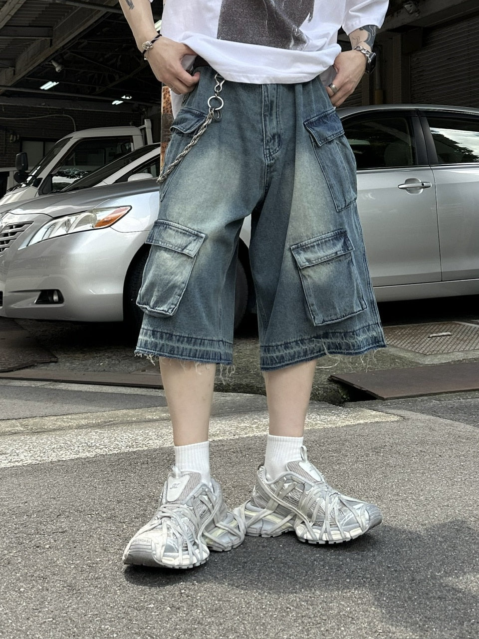 大阪店WEB限定受注制【Chikashitsu +】multi pocket denim half pants (2color)