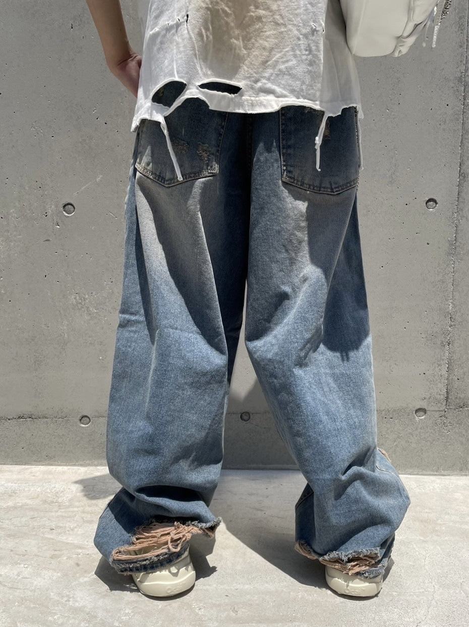 受注制【Never mind the XU】damage denim pants (3color) / 【ネバーマインドザエックスユー】ダメージデニムパンツ