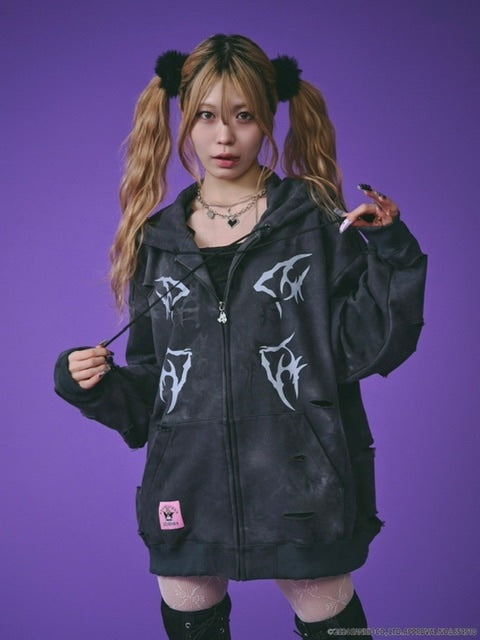 【GALFY×KUROMI】イルガルフィームラ染めZIPパーカー / 【ガルフィー×クロミ】ロゴ長袖ジップアップパーカー