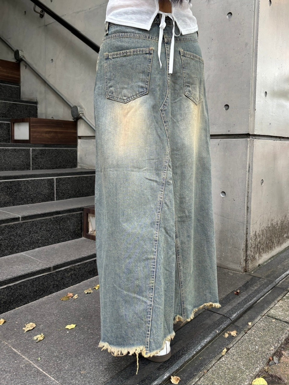 受注制【oaks】vintage wash denim maxi skirt (2color)