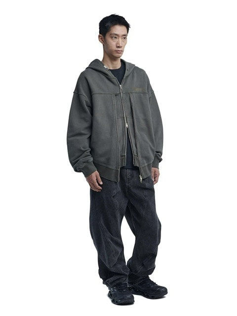 【NOMANUAL】OVERDYED LAYER HOODED ZIP-UP / 【ノーマニュアル】オーバーダイドレイヤージップアップ長袖パーカー