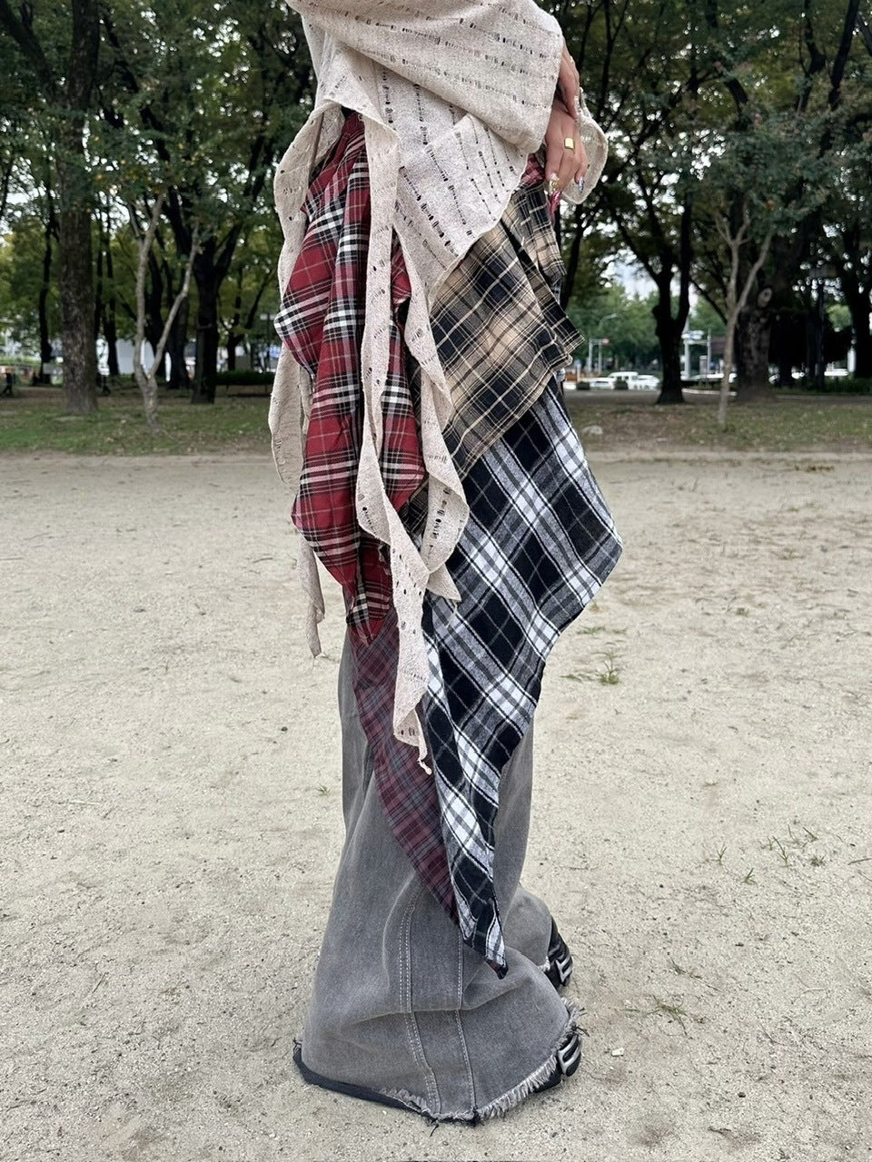 受注制【Never mind the XU】asymmetry check skirt / 【エックスユー ドッグ】アシンメトリーレイヤードチェックミニスカート