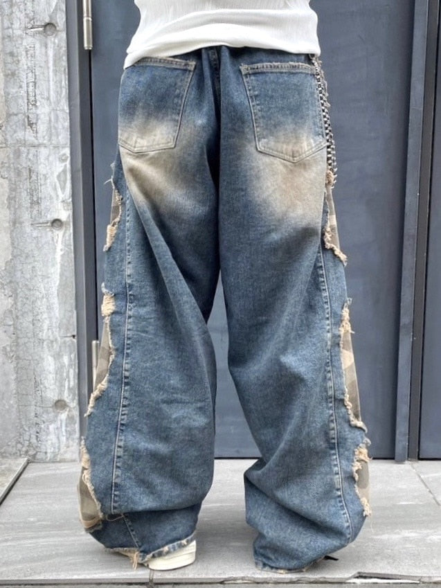 受注制【Never mind the XU】camouflage side damage denim pants (2color) / 【ネバーマインドザエックスユー】カモフラージュサイドダメージワイドデニムパンツ