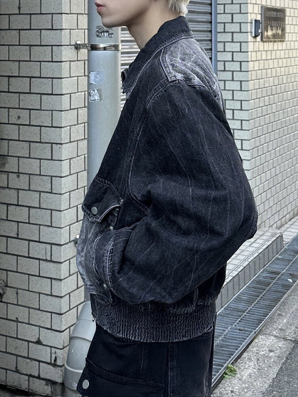 大阪店WEB限定受注制【Chikashitsu +】vintage wash cropped denim jacket (black)