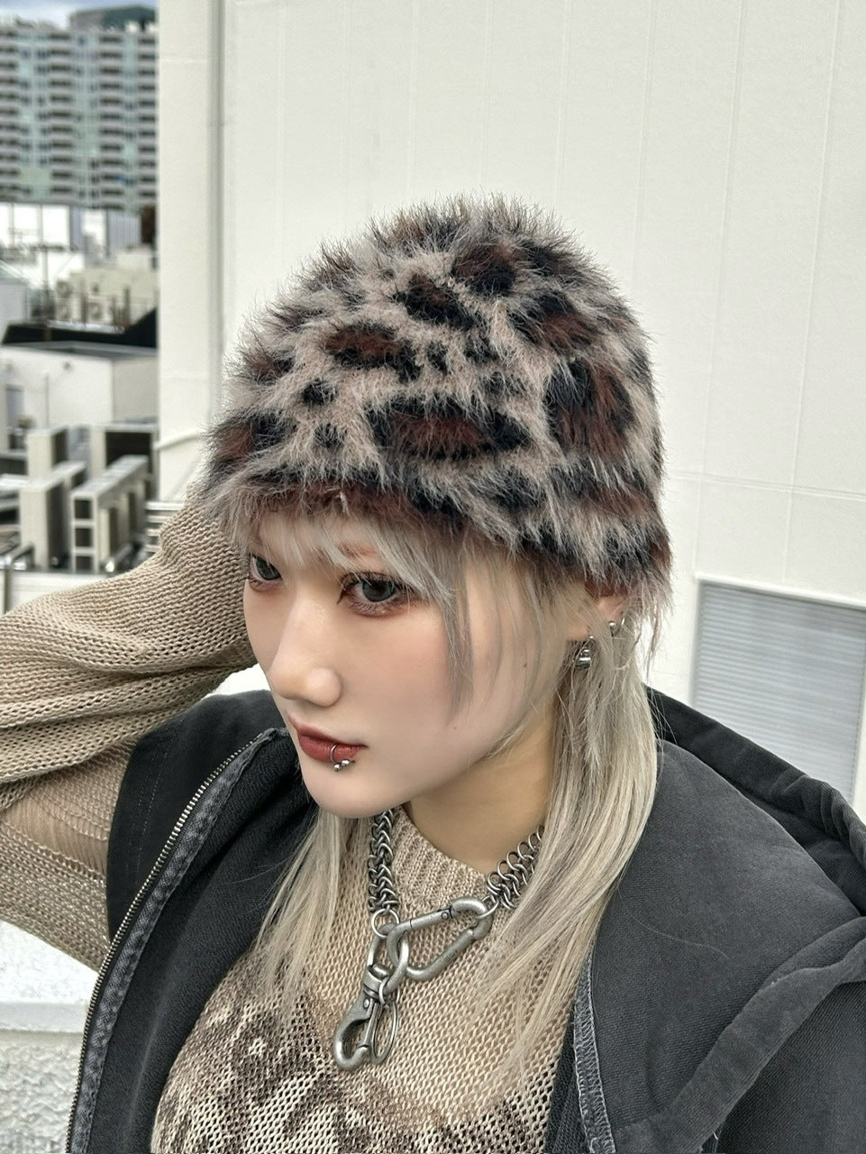受注制【Never mind the XU】mohair leopard beanie (2color) / 【ネバーマインドザエックスユー】モヘアファーレオパードニット帽子