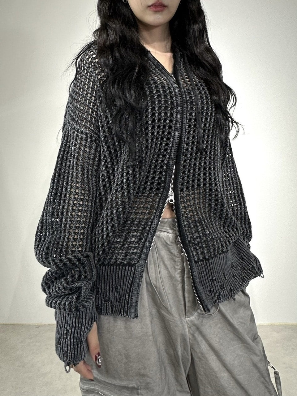 受注制【Never mind the XU】mesh zip damage hoodie (2color) / 【ネバーマインド ザ エックスユー】メッシュダメージジップアップ長袖パーカー