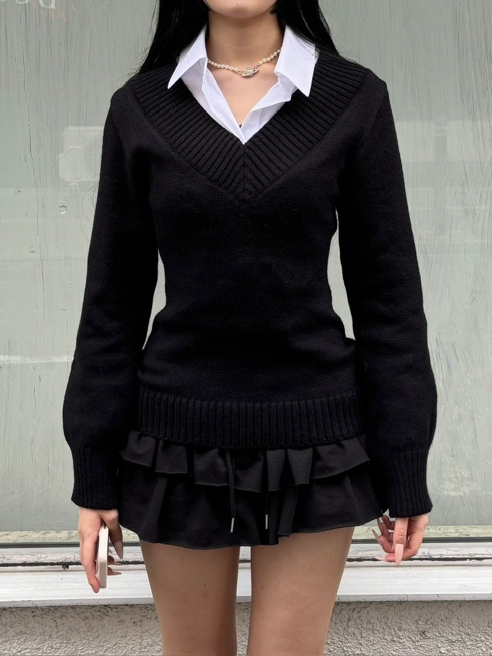 受注制【oaks】vneck offshoulder knit (3color)