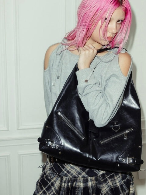 【NOT KNOWING】Black Moto Hobo Bag (LEATHER)
