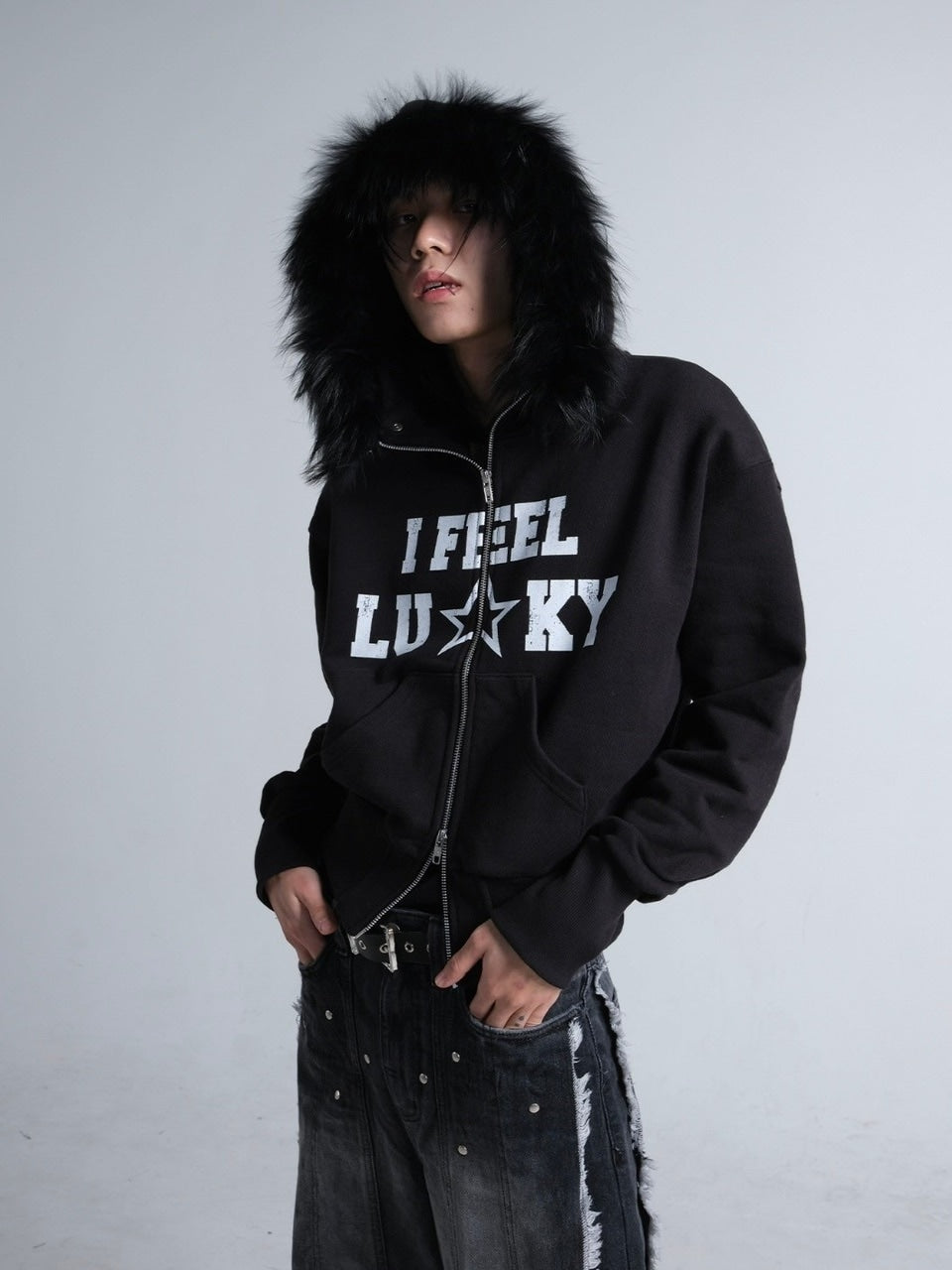 【IFEELLUCKY】Lucky fur hood zip up / 【アイフィールラッキー】ラッキーファーフードジップアップパーカー