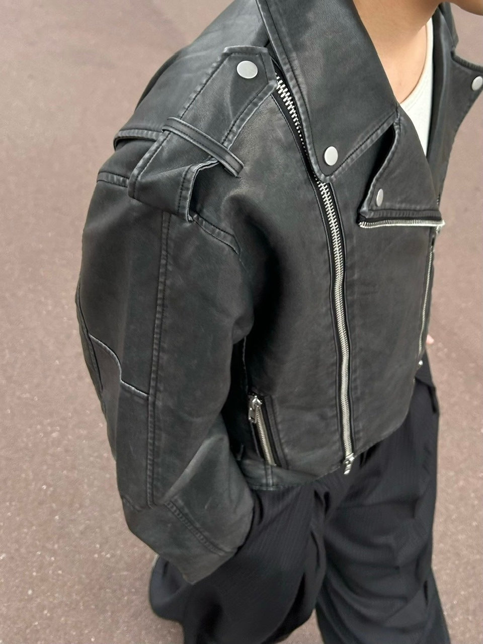 受注制【Chikashitsu +】aging wash cropped riders jacket