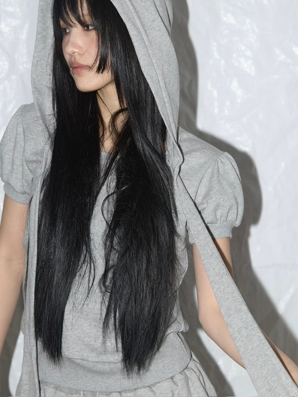 【FANCY CLUB】PUFF ROUND SCARF HOODIE / 【ファンシークラブ】パフスリーブラウンドネックスカーフショートパーカー