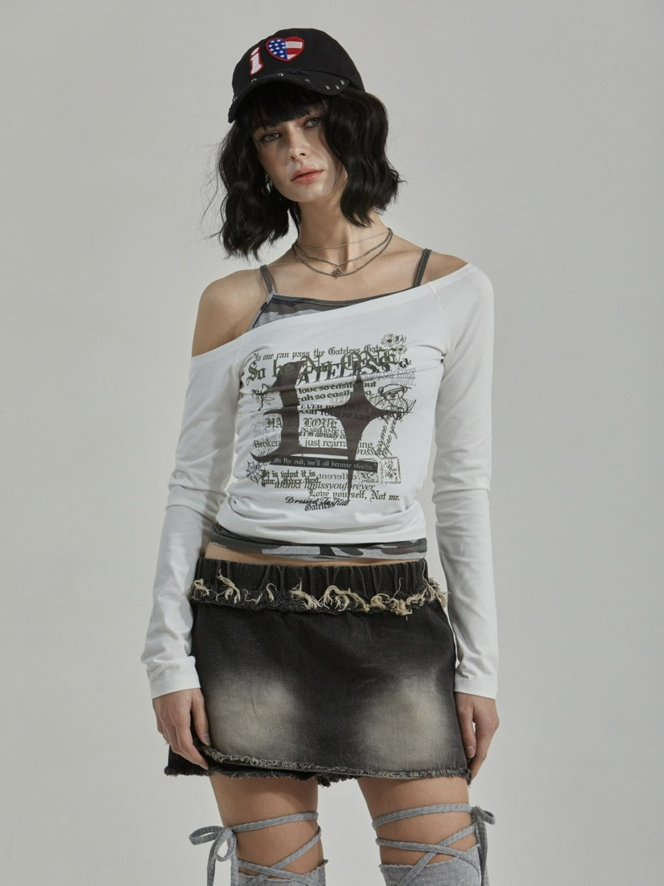 【GATELESS】CAMOUFLAGE LAYERED ONE SHOULDER T-SHIRT