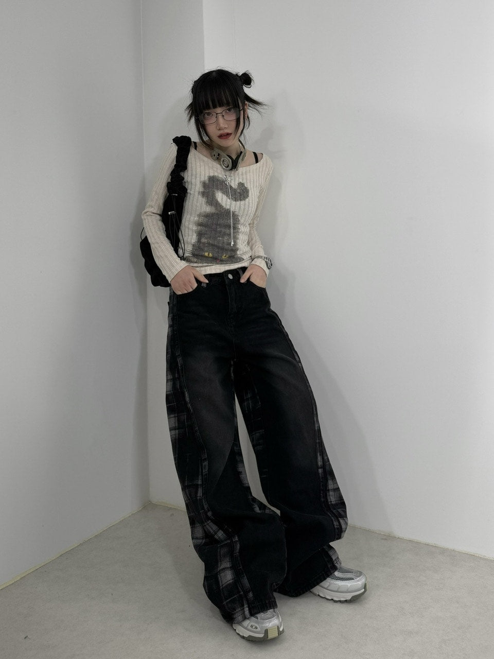 国際配送【Nerd out XU】high waist check wide denim pants