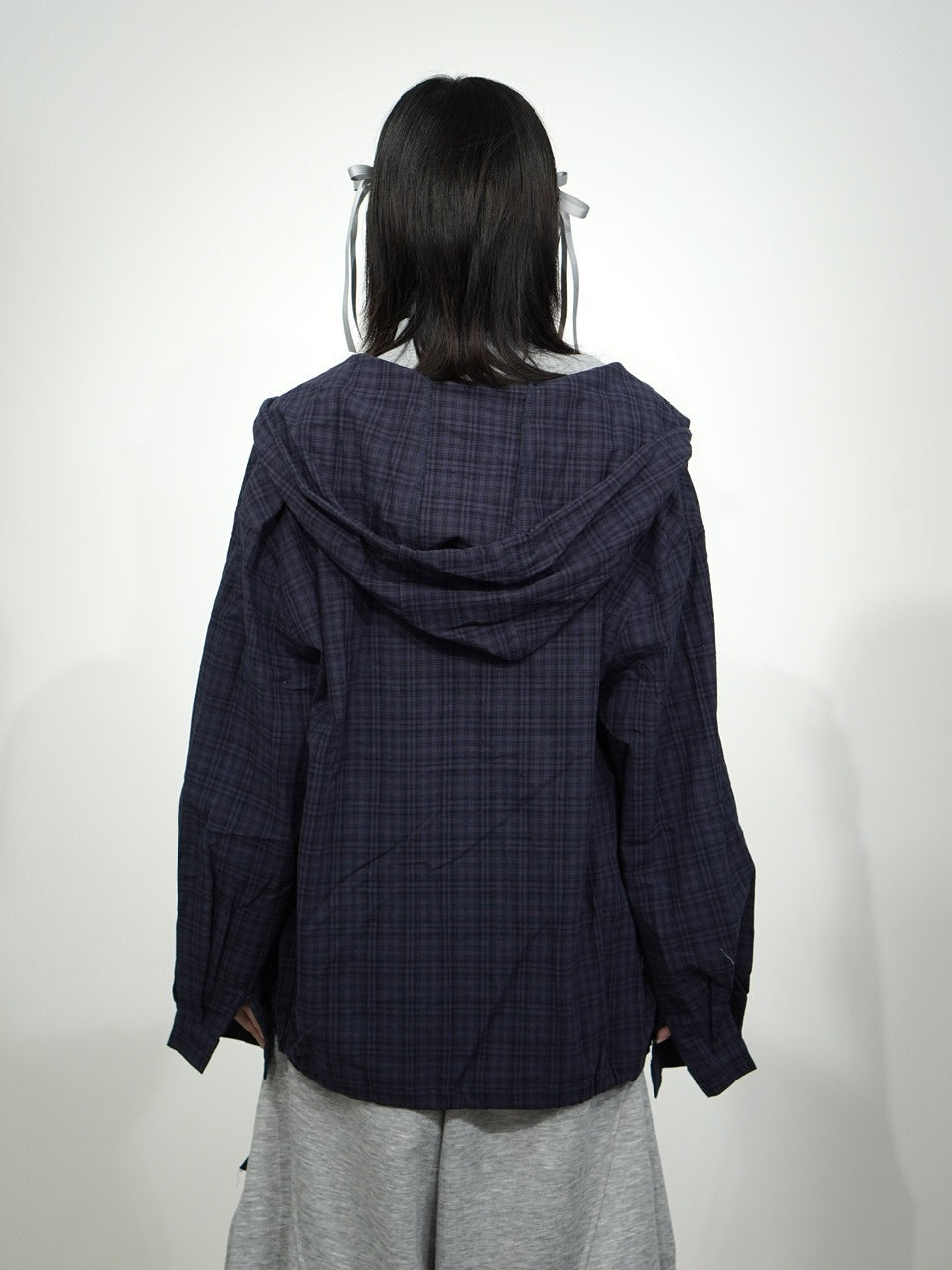 国際配送【Nerd out XU】blue check hoodie shirt