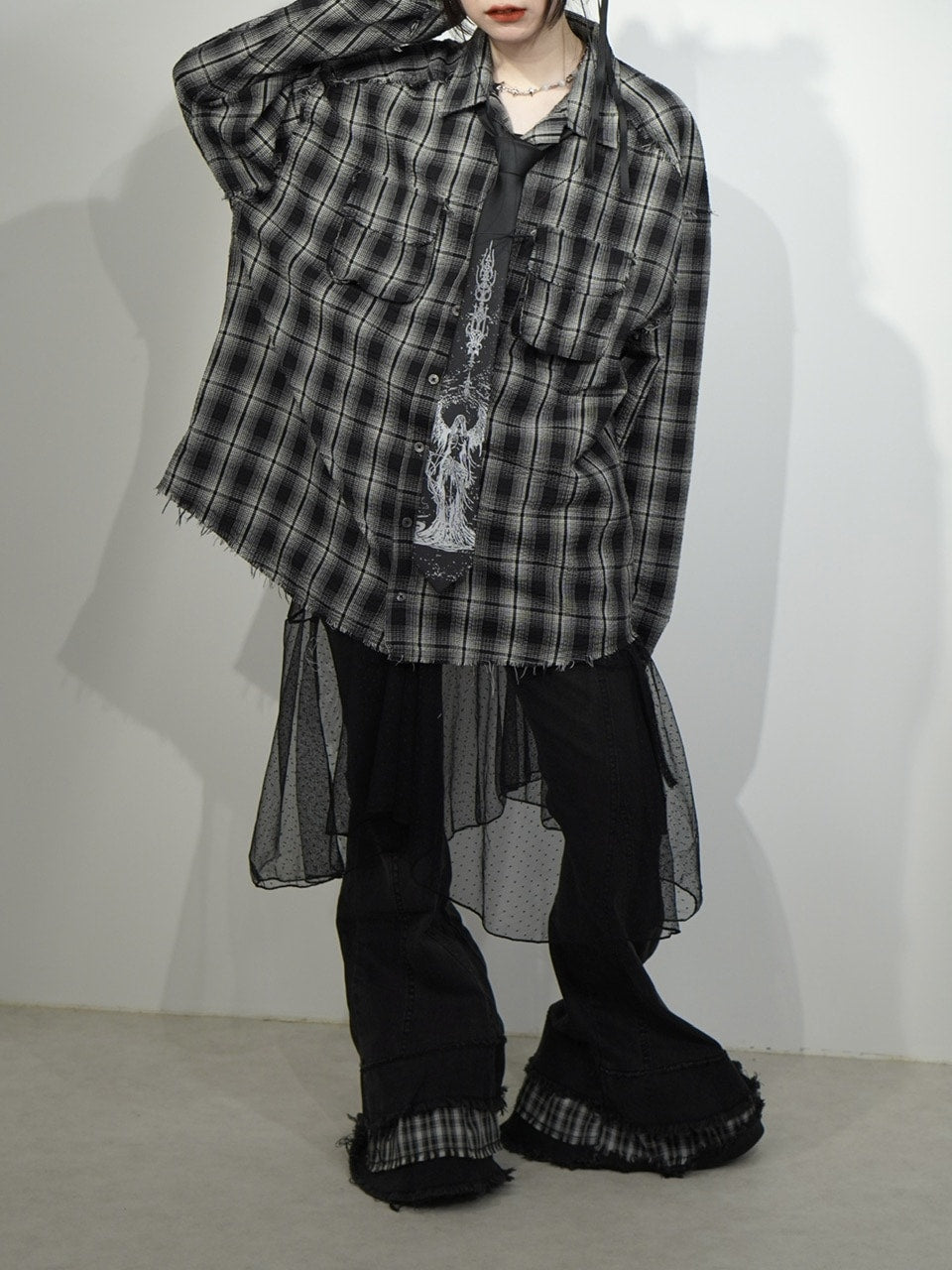 国際配送【Nerd out XU】check frill hem flare denim pants / 【ナードアウトエックスユー】チェックフリルヘムフレアデニムパンツ