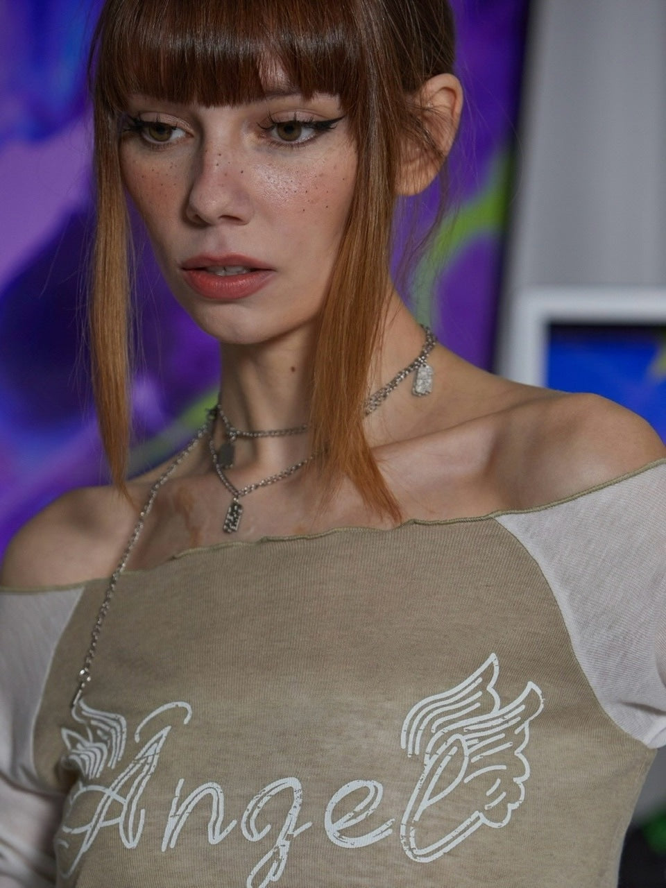 【GATELESS】SHEER OFF SHOULDER T-SHIRT