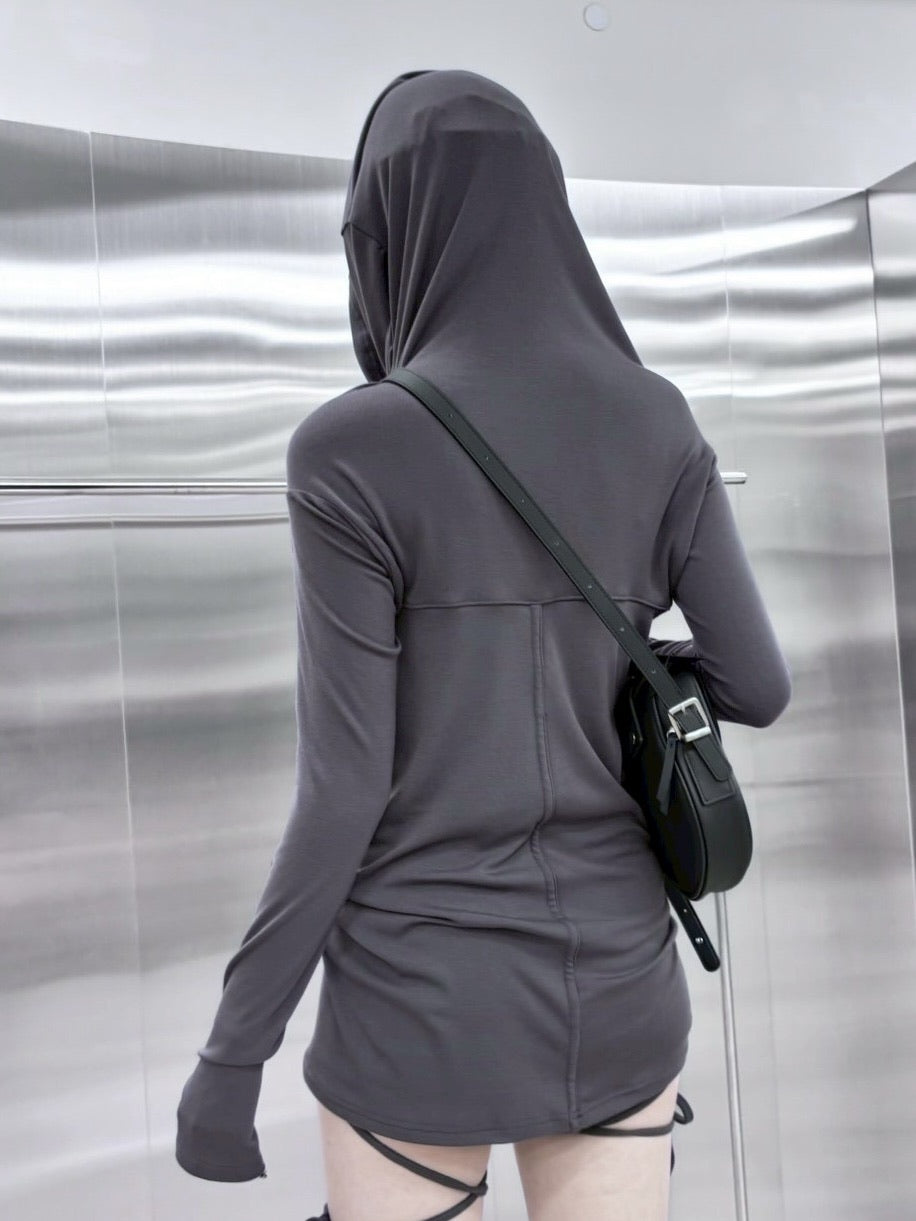 【nmtc +】3way hood onepiece (2color) / 【エヌエムティーシープラス】スリーウェイフード長袖ワンピースオフショルダー長袖ワンピースタイトミニ長袖ワンピース