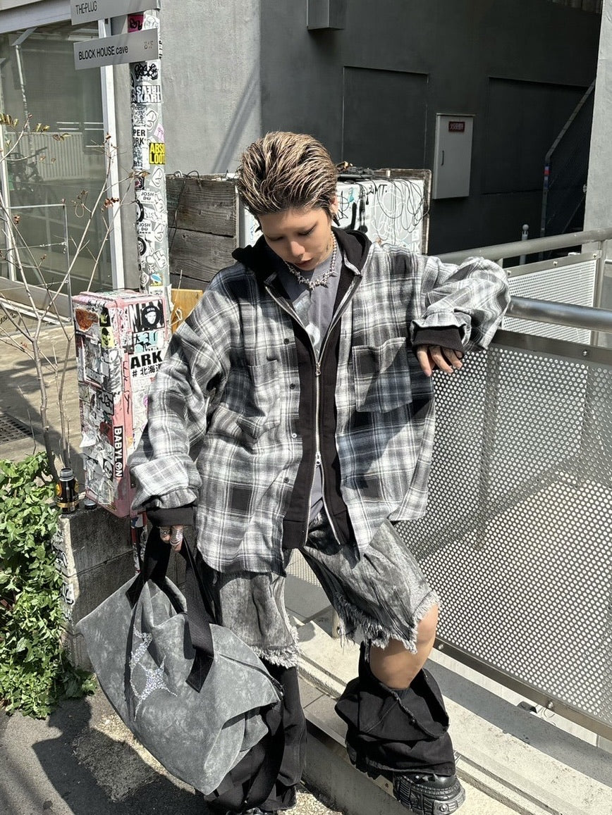 受注制【Never mind the XU】layered check shirts / 【ネバーマインドザエックスユー】レイヤードチェックフード長袖シャツパーカー