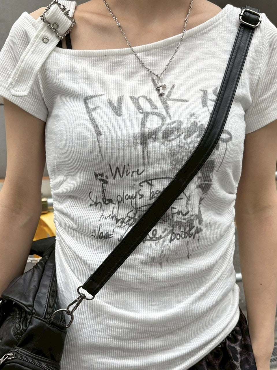 受注制【Never mind the XU】one shoulder punk tops (3color) / 【ネバーマインドザエックスユー】ワンショルダーパンクプリント半袖トップス