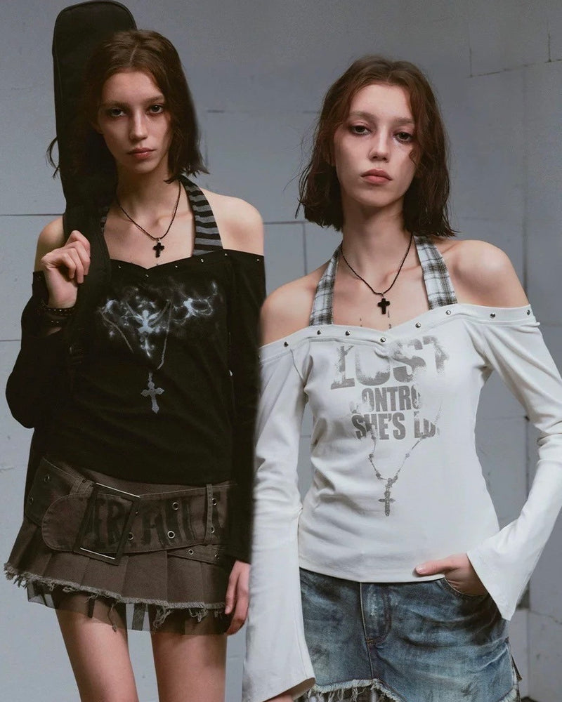 【Cest Nous】Patchwork printed T-shirt / 【セヌー】オフショルダーパッチワークプリントホルターネック長袖Tシャツ