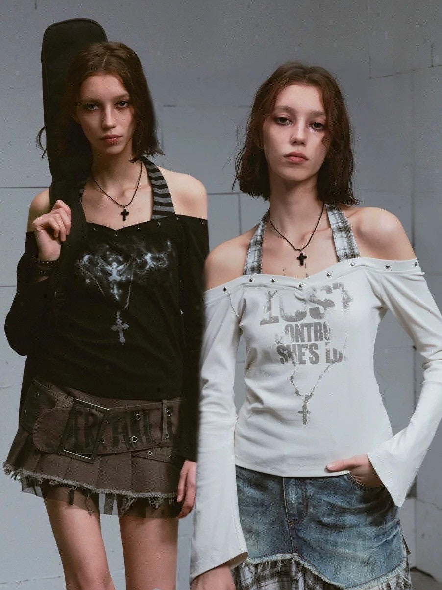 【Cest Nous】Patchwork printed T-shirt / 【セヌー】オフショルダーパッチワークプリントホルターネック長袖Tシャツ