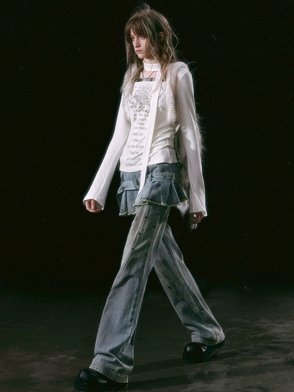 【Cest Nous】Dirty Wash Blue Denim Jeans / 【セヌー】ダーティーウォッシングスカートレイヤードデニムパンツ