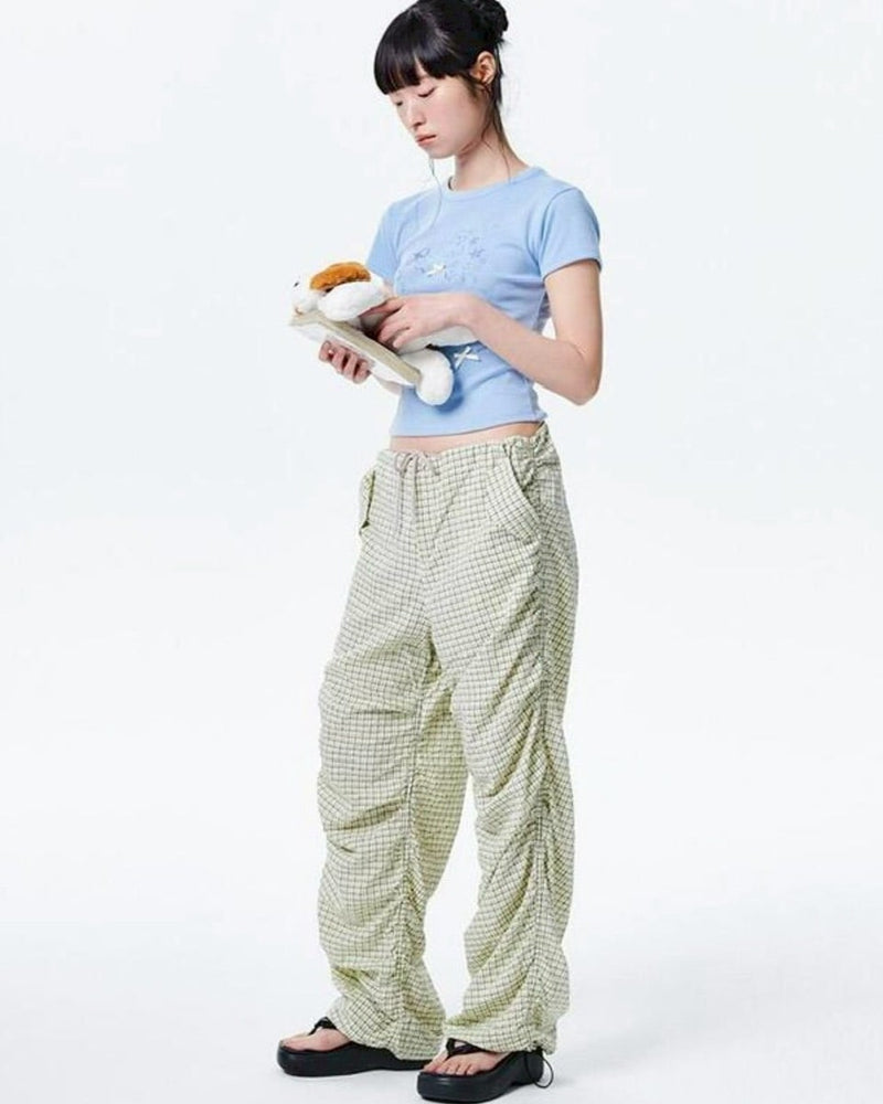 【runningHIGH】CHECK SHIRRING PARACHUTE PANTS
