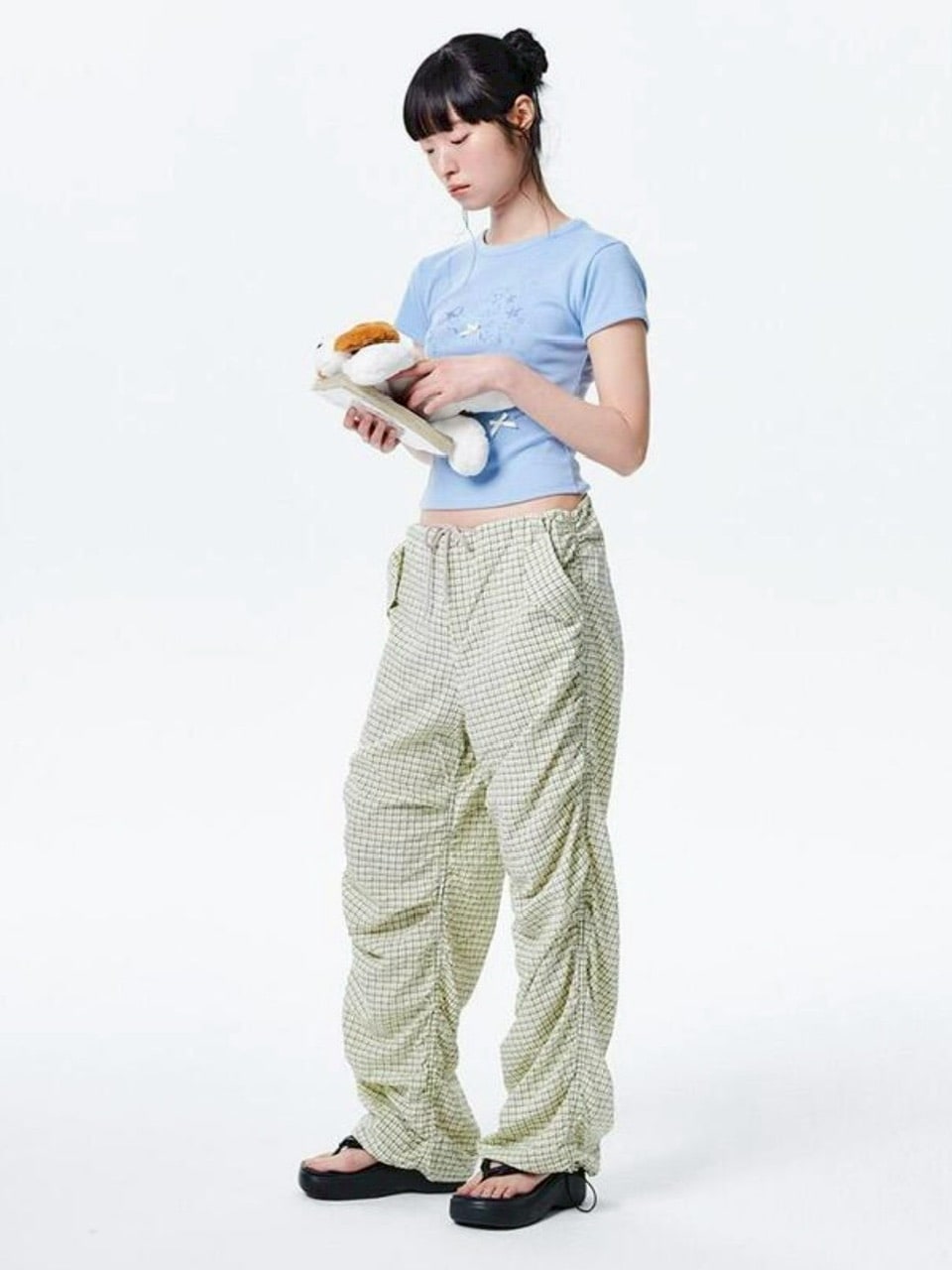 【runningHIGH】CHECK SHIRRING PARACHUTE PANTS