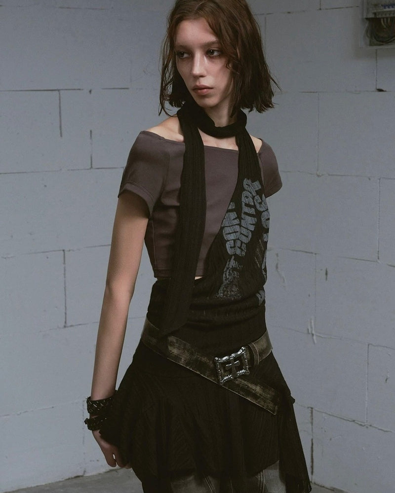 【Cest Nous】Black and Gray Short-sleeved T-shirts / 【セヌー】クロップ半袖Tシャツシアーチュニックレイヤードトップス