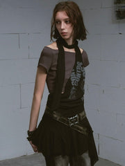 【Cest Nous】Black and Gray Short-sleeved T-shirts / 【セヌー】クロップ半袖Tシャツシアーチュニックレイヤードトップス