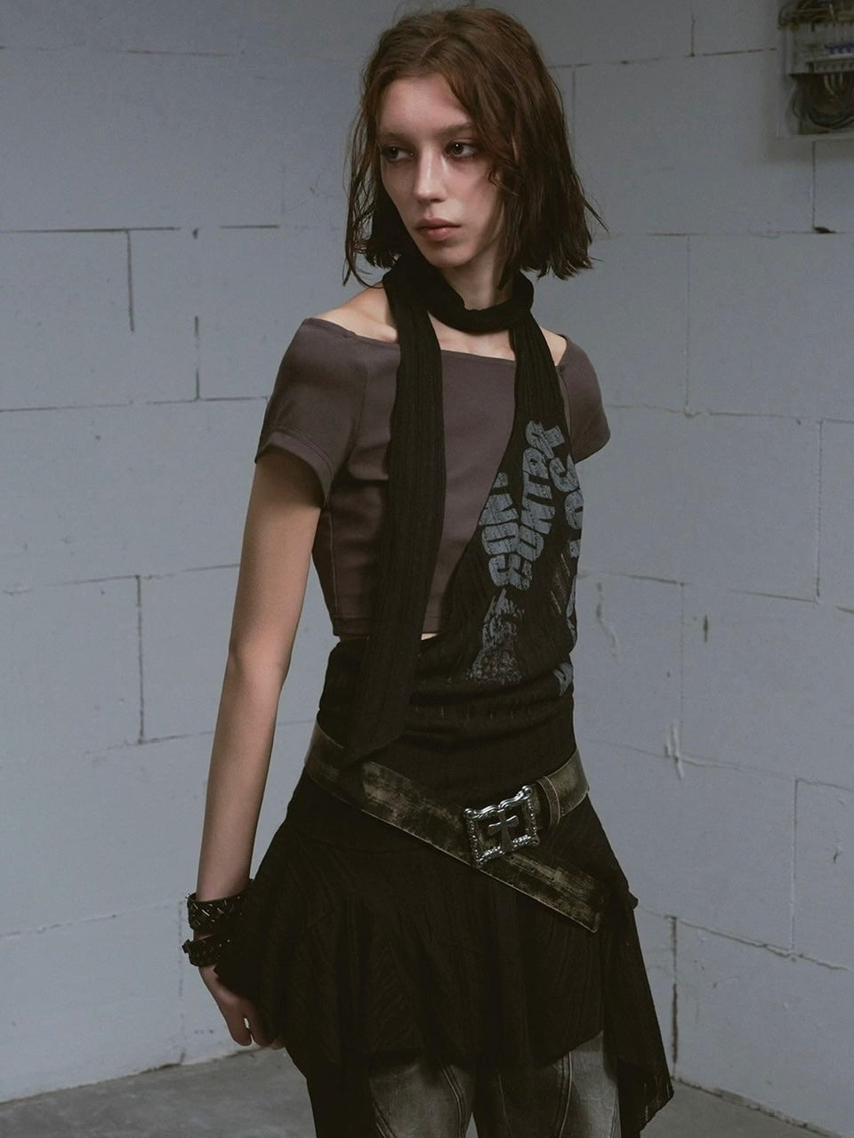 【Cest Nous】Black and Gray Short-sleeved T-shirts / 【セヌー】クロップ半袖Tシャツシアーチュニックレイヤードトップス