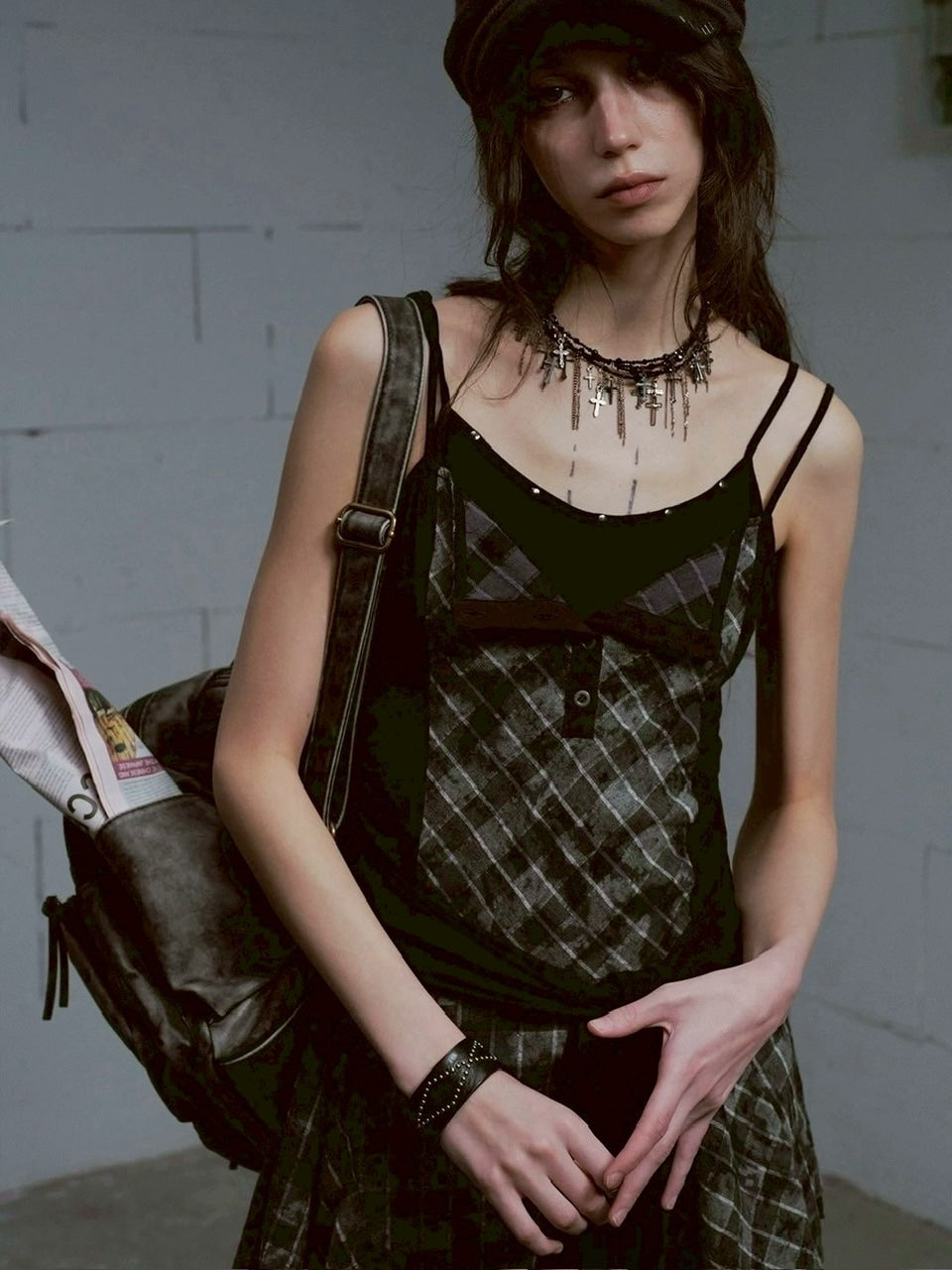 【Cest Nous】Plaid tie-strap camisole dress / 【セヌー】プリーツグレンチェックストラップキャミワンピース