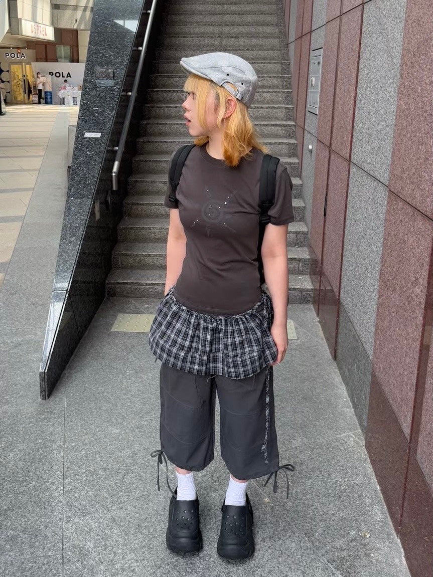 国際配送【Nerd out XU】ribbon string shorts (2color) / 【ナードアウトエックスユー】リボンストリングワイドハーフパンツ
