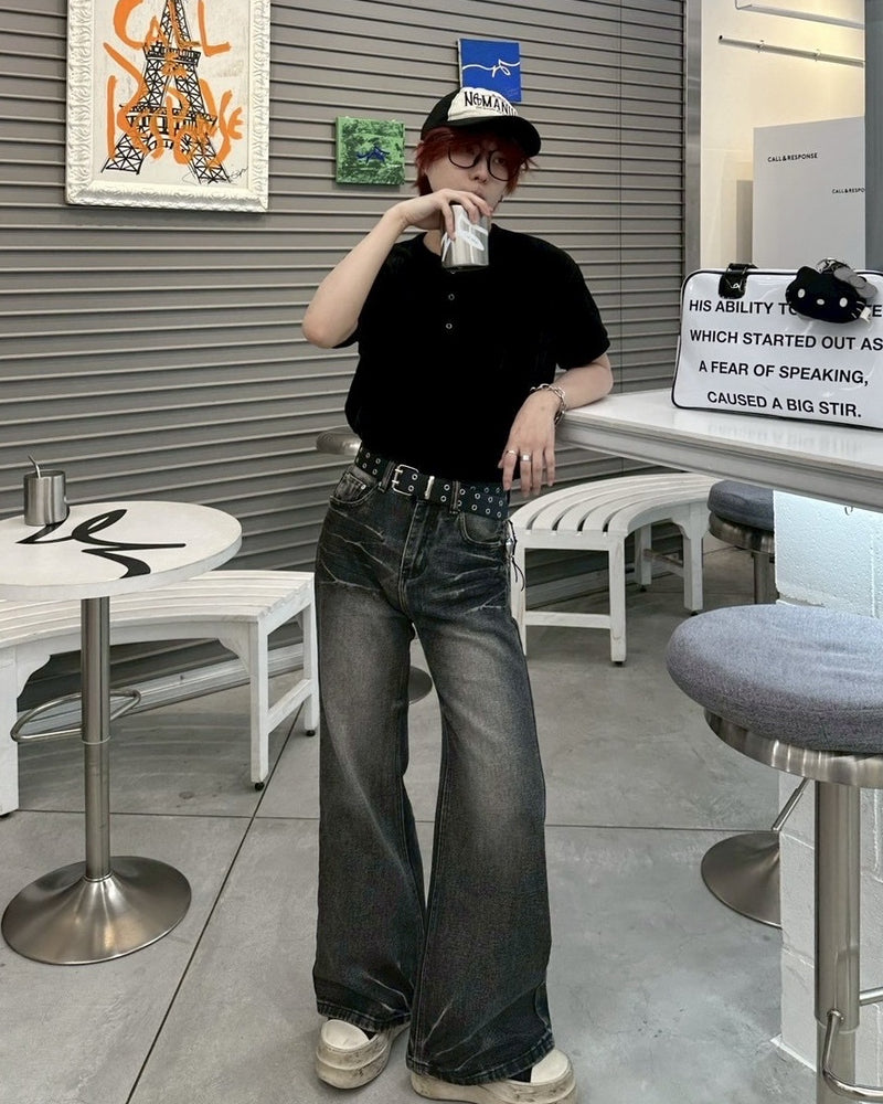 【LUV CODE】washed denim flare pants