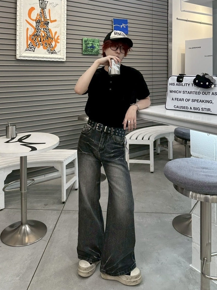 【LUV CODE】washed denim flare pants