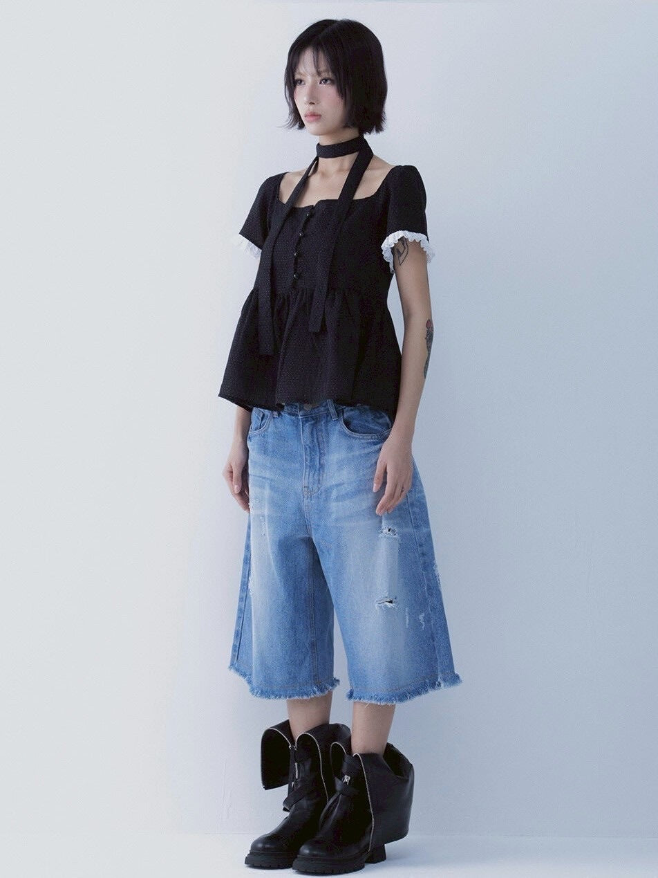 【SETSETSET】DOT MUFFLER FLARED BLOUSE